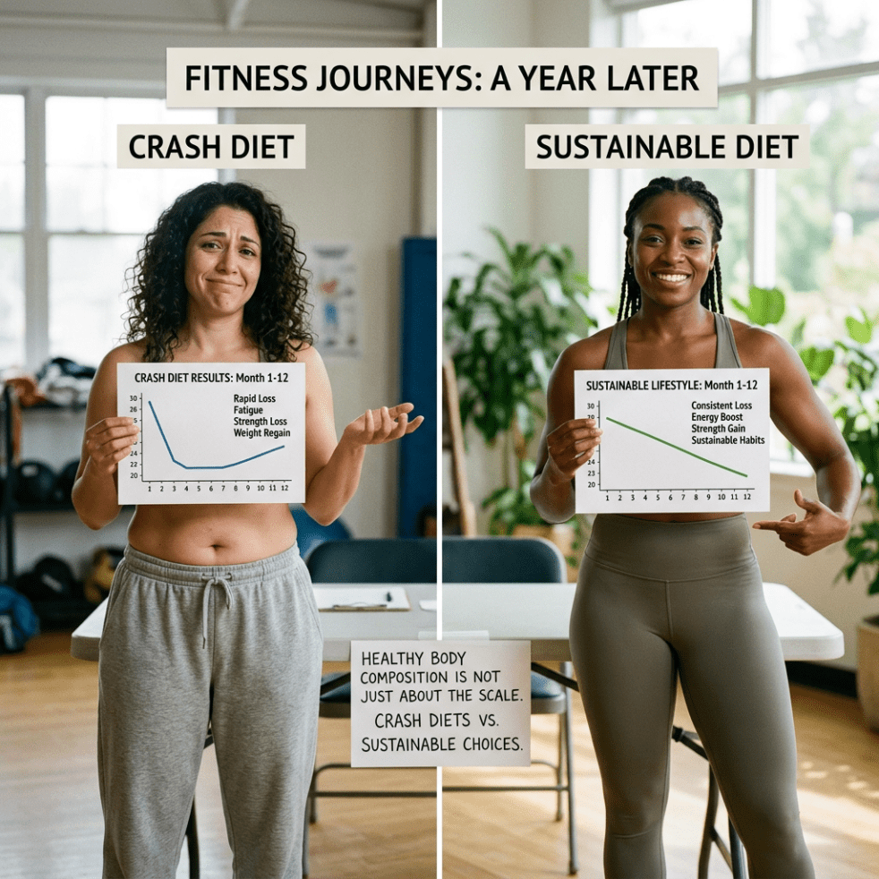 Woman showing crash diet results chart and another woman showing sustainable lifestyle results chart