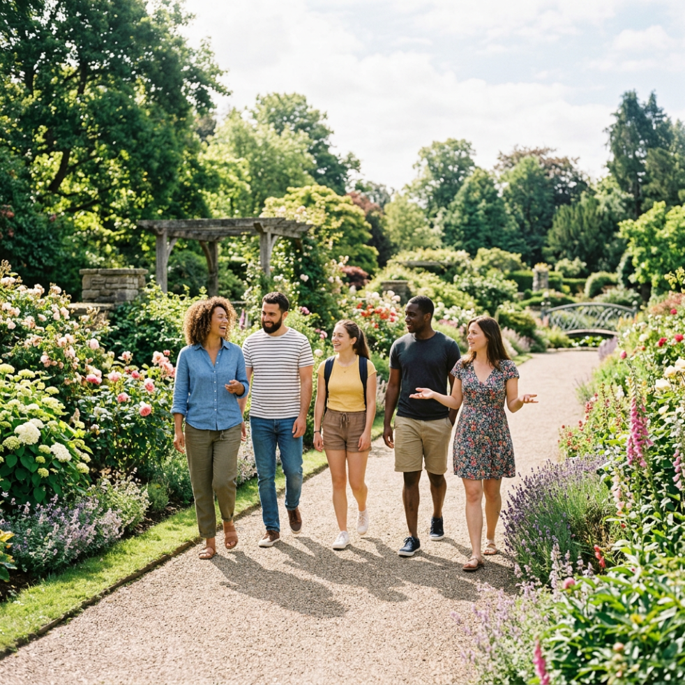 Five friends walking and talking along a garden path surrounded by blooming flowers and greenery